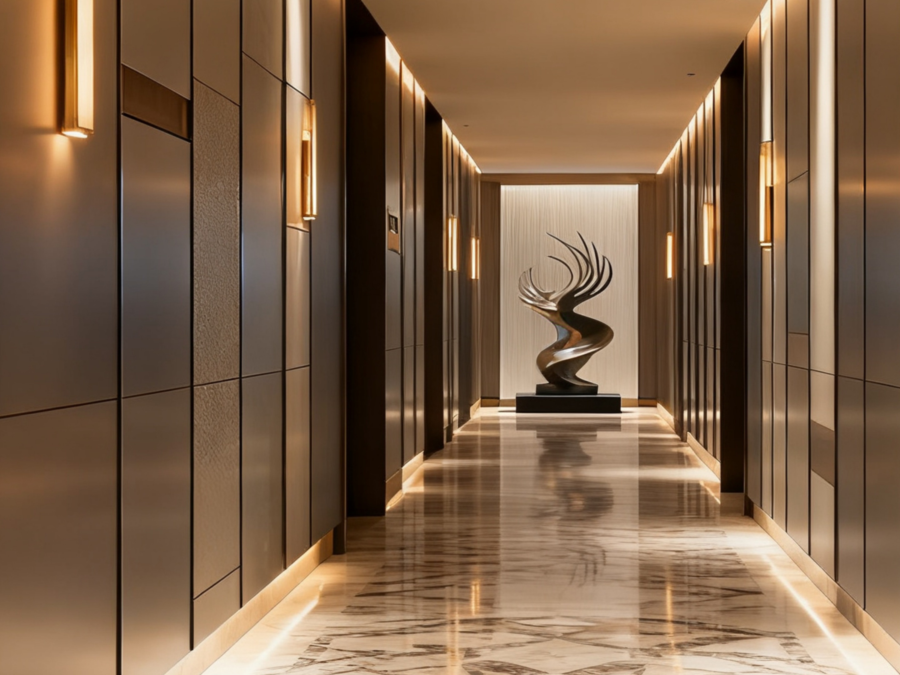 Mrs. Alu hospitality interior design with integrated LED skirting boards in hotel corridor